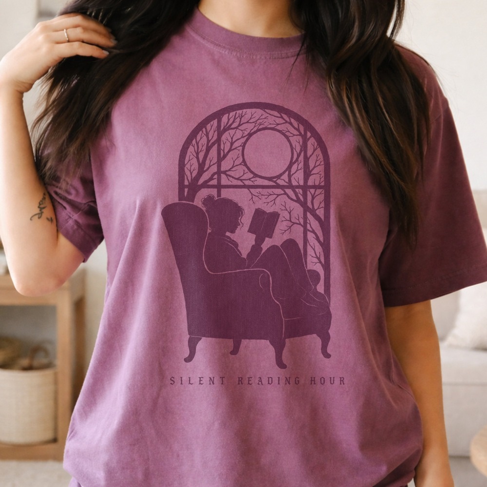 Silent Reading Hour Woman Curled in Wingback Chair Tee